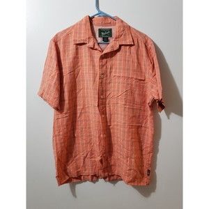 Woolrich Shirt Men's Large Peach Short Sleeve Plaid Button Down - Zip Pocket